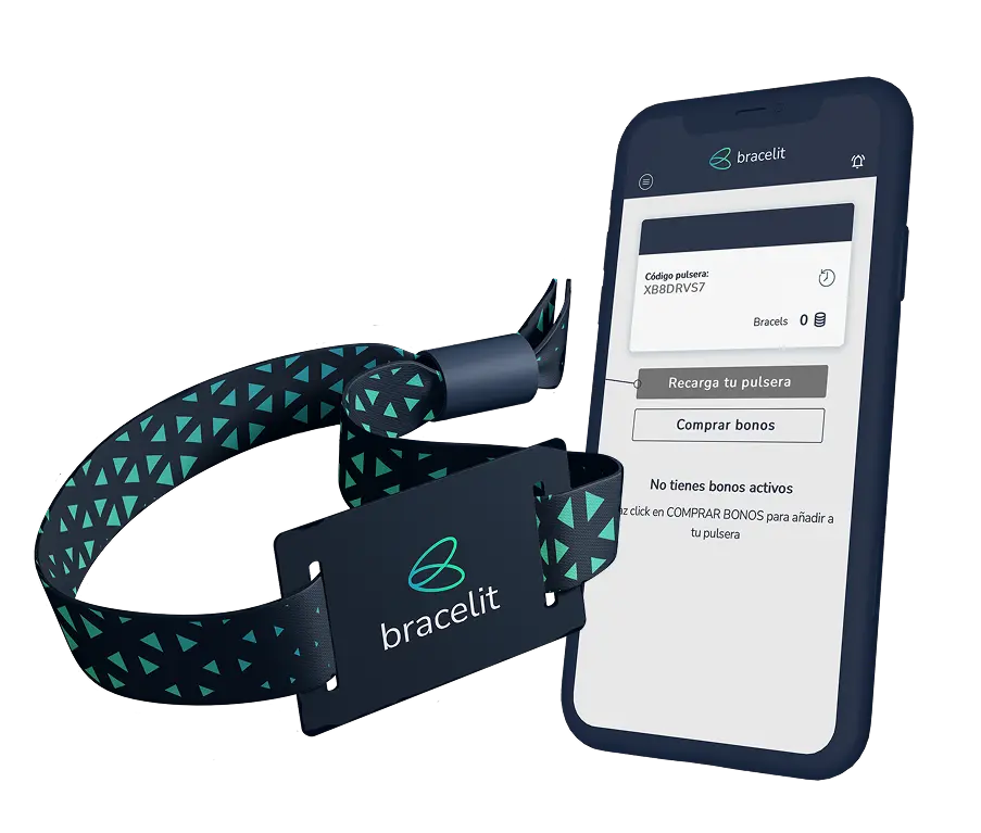 Pulsera RFID Bracelit y smartphone mostrando sistema de pagos online